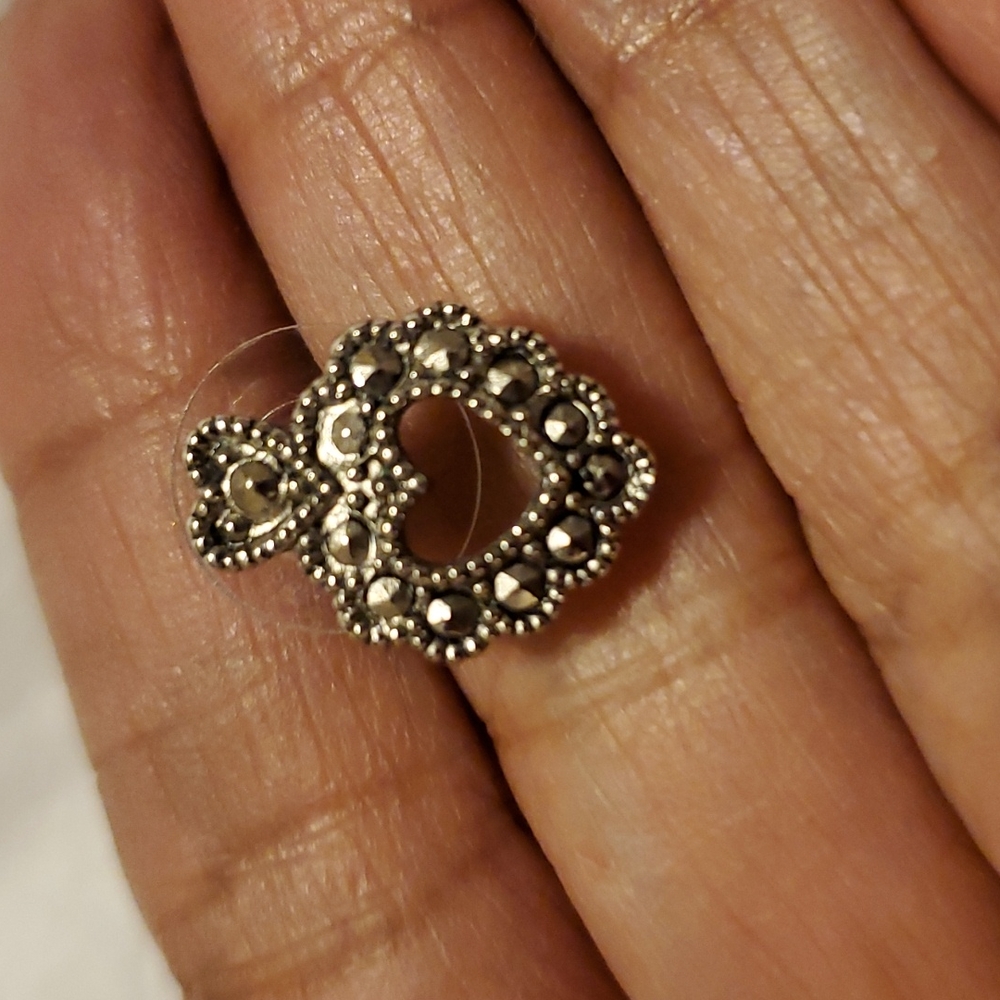 Marcasite Heart Pierced Earrings, 1/2 inch size, Antique Silver Finish, Artsy - Picture 3 of 4